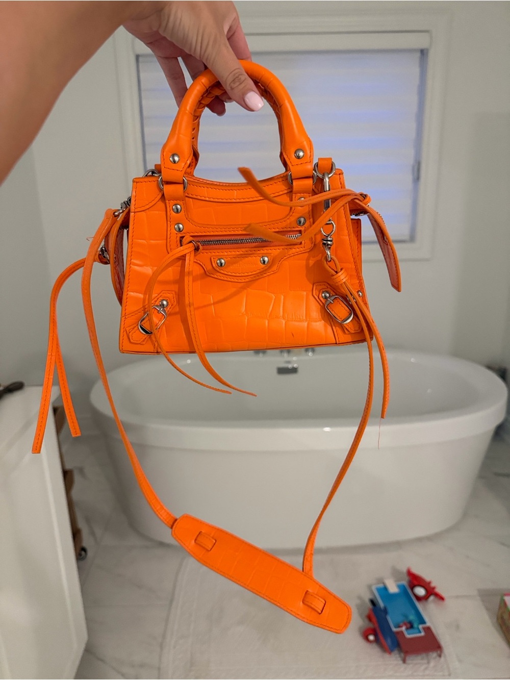 Balenciaga Orange Croc-Embossed Mini Top-Handle Bag